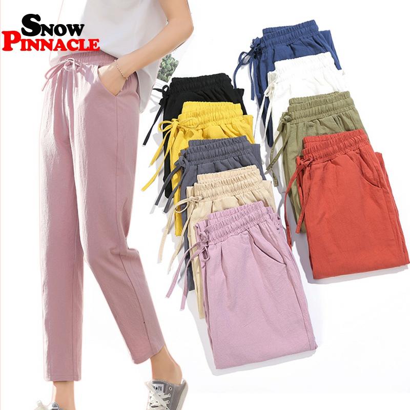 Womens Spring Summer Pants Cotton Linen Solid Elastic waist Candy Colors Harem Trousers Soft high quality for Female ladys S-XXL