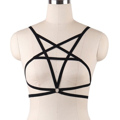 JLX.HARNESS Pentagram Bondage Body Harness Lingerie Goth Crop Tops Cage  Lingerie Harness Belt Harness Bra Rave Wear for Women