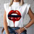 Women Lips Printed T Shirt Ladies Casual Stand Neck Tee Tops Short Sleeve Streetwear Summer Floral Plus Size Pullover T-shirts