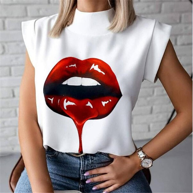 Women Lips Printed T Shirt Ladies Casual Stand Neck Tee Tops Short Sleeve Streetwear Summer Floral Plus Size Pullover T-shirts