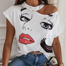 Women Lips Printed T Shirt Ladies Casual Stand Neck Tee Tops Short Sleeve Streetwear Summer Floral Plus Size Pullover T-shirts