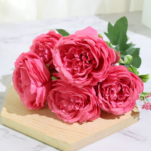 Best Selling Beautiful Rose Peony Artificial Silk Flowers Small White Bouquet Home Party Winter Wedding Decoration Fake Flowers