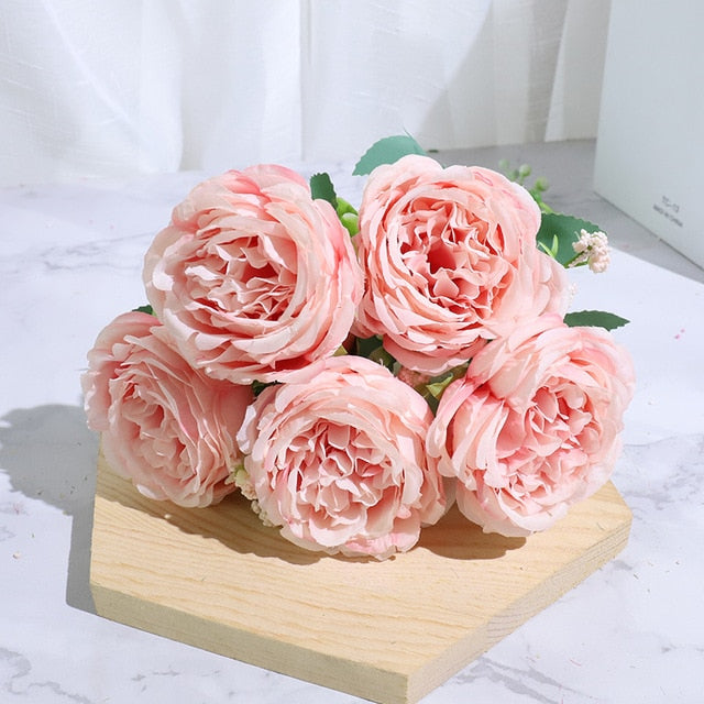 Best Selling Beautiful Rose Peony Artificial Silk Flowers Small White Bouquet Home Party Winter Wedding Decoration Fake Flowers