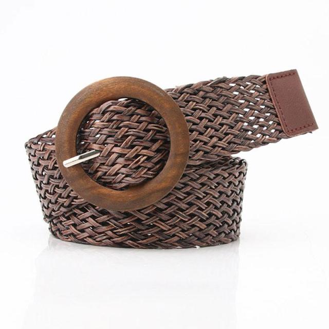 Vintage Boho Braided Waist Belt Summer Solid Female Belt Round Wooden Smooth Buckle Fake Straw Wide Belts For Women Hot Sale