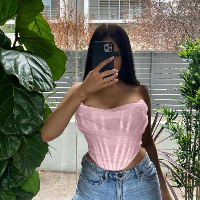 Cryptographic Sleeveless Fashion Strapless Bustier Corset Crop Tops Female Mesh Backless White Women Tops Zipper Summer 2021