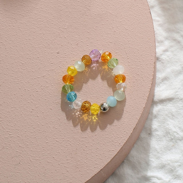 AOMU 2020 Fashion Crystal Beaded Rings Cute Minimalist Coloful Beads Geometric Stacked Fine Rings for Women Party Gift Jewelry