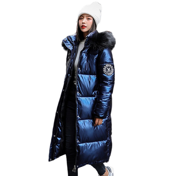 women X-long oversize blue down jackets thick casual with fur epaulet 2020 winter female down coats hooded solid piumini donna