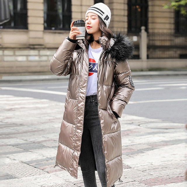 women X-long oversize blue down jackets thick casual with fur epaulet 2020 winter female down coats hooded solid piumini donna