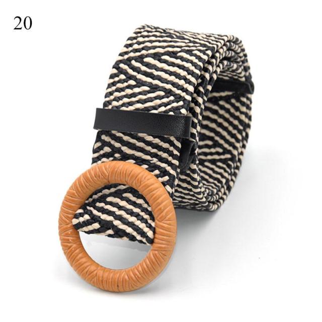 Vintage Boho Braided Waist Belt Summer Solid Female Belt Round Wooden Smooth Buckle Fake Straw Wide Belts For Women Hot Sale