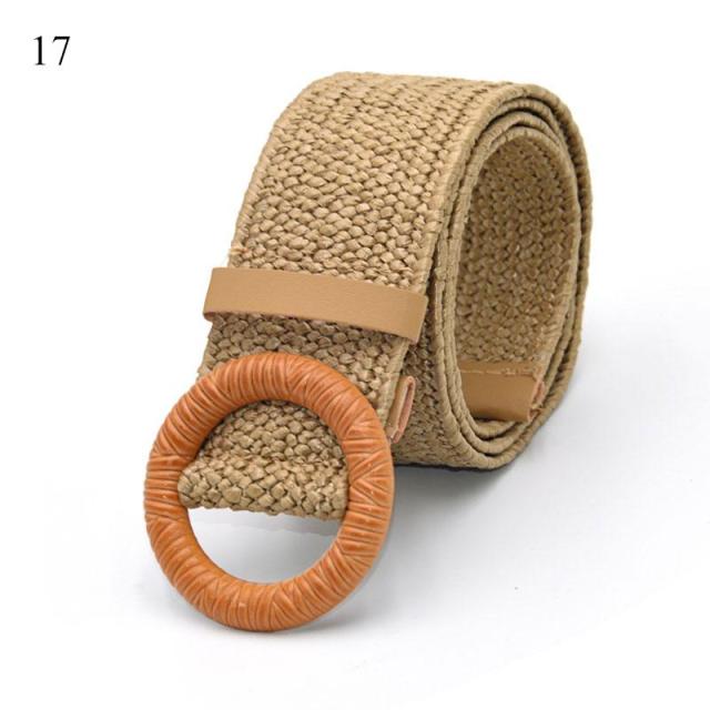 Vintage Boho Braided Waist Belt Summer Solid Female Belt Round Wooden Smooth Buckle Fake Straw Wide Belts For Women Hot Sale