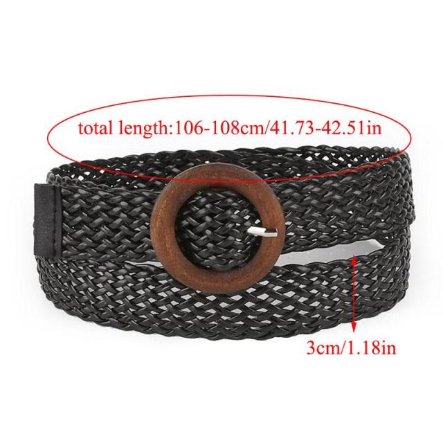 Vintage Boho Braided Waist Belt Summer Solid Female Belt Round Wooden Smooth Buckle Fake Straw Wide Belts For Women Hot Sale