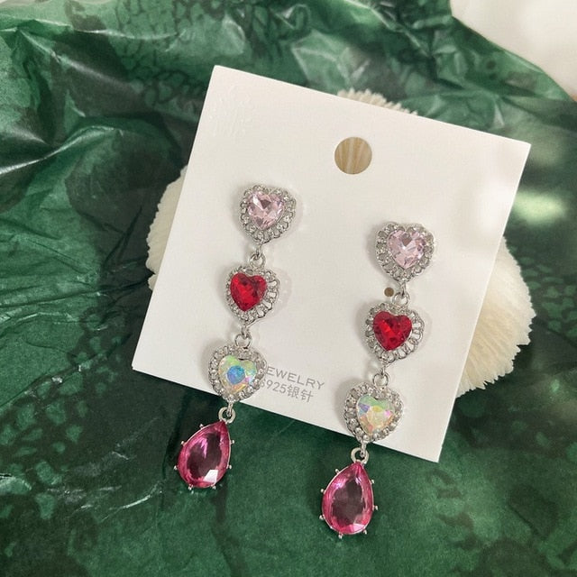 MENGJIQIAO New Korean Shiny Heart Crystal Drop Earrings For Women Fashion Shell Rhinestone Boucle D'oreille Party Jeweley Gift