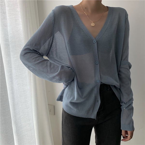 Cardigan Women Korean Long Sleeve Cardigan Summer Cropped Cardigan Knitted V neck Thin Ice Silk Sweaters Sunscreen Shirt Tops