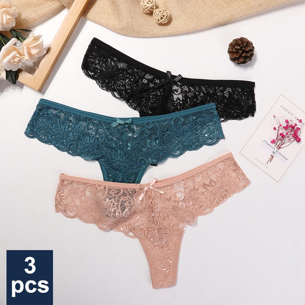 3 Pcs Panties Underwear Woman Lace Thong G String Sexy Briefs Lingerie Woman Thong T-back Lace Female Low Waist Women's Panties