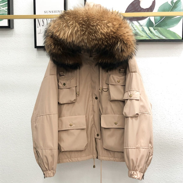 Large Natural Raccoon Fur Women Down Coat Winter Thick 90% White Duck Down Parka Female Hooded Short Jacket Loose Down Outerwear