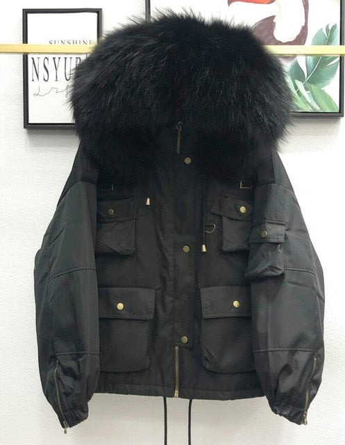 Large Natural Raccoon Fur Women Down Coat Winter Thick 90% White Duck Down Parka Female Hooded Short Jacket Loose Down Outerwear