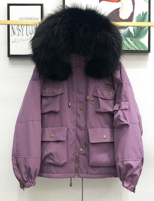 Large Natural Raccoon Fur Women Down Coat Winter Thick 90% White Duck Down Parka Female Hooded Short Jacket Loose Down Outerwear