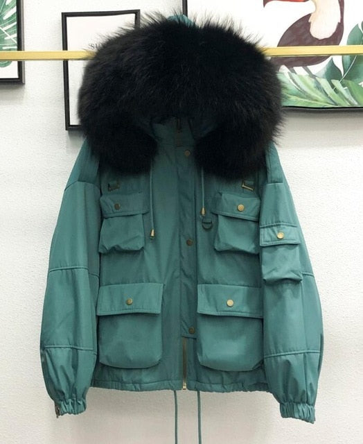 Large Natural Raccoon Fur Women Down Coat Winter Thick 90% White Duck Down Parka Female Hooded Short Jacket Loose Down Outerwear