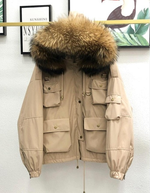 Large Natural Raccoon Fur Women Down Coat Winter Thick 90% White Duck Down Parka Female Hooded Short Jacket Loose Down Outerwear