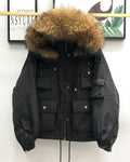 Large Natural Raccoon Fur Women Down Coat Winter Thick 90% White Duck Down Parka Female Hooded Short Jacket Loose Down Outerwear