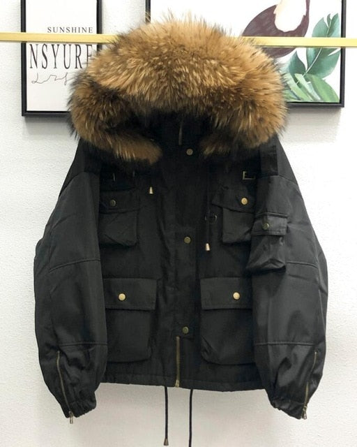 Large Natural Raccoon Fur Women Down Coat Winter Thick 90% White Duck Down Parka Female Hooded Short Jacket Loose Down Outerwear