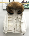 Large Natural Raccoon Fur Women Down Coat Winter Thick 90% White Duck Down Parka Female Hooded Short Jacket Loose Down Outerwear
