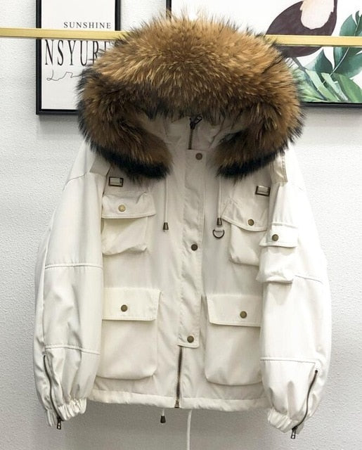 Large Natural Raccoon Fur Women Down Coat Winter Thick 90% White Duck Down Parka Female Hooded Short Jacket Loose Down Outerwear