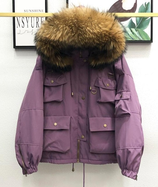 Large Natural Raccoon Fur Women Down Coat Winter Thick 90% White Duck Down Parka Female Hooded Short Jacket Loose Down Outerwear