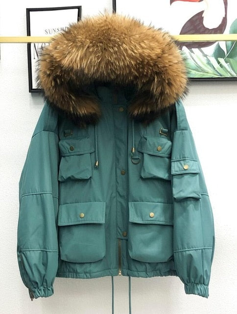 Large Natural Raccoon Fur Women Down Coat Winter Thick 90% White Duck Down Parka Female Hooded Short Jacket Loose Down Outerwear