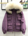 Large Natural Raccoon Fur Women Down Coat Winter Thick 90% White Duck Down Parka Female Hooded Short Jacket Loose Down Outerwear
