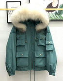 Large Natural Raccoon Fur Women Down Coat Winter Thick 90% White Duck Down Parka Female Hooded Short Jacket Loose Down Outerwear