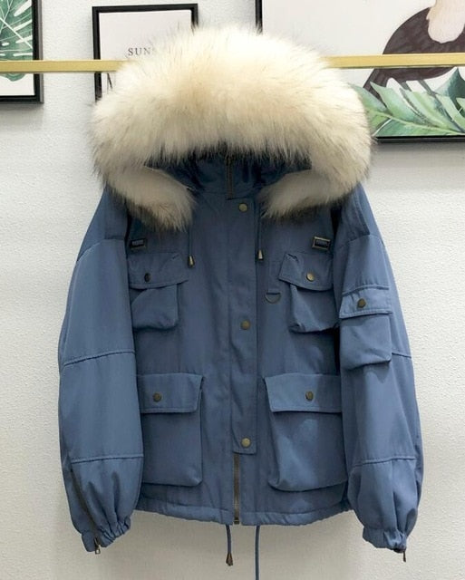 Large Natural Raccoon Fur Women Down Coat Winter Thick 90% White Duck Down Parka Female Hooded Short Jacket Loose Down Outerwear