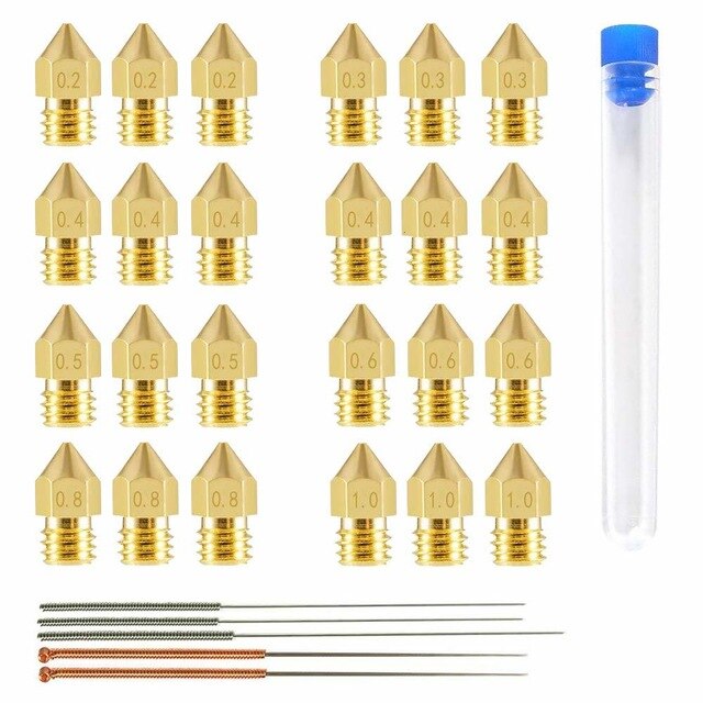 24 PCS MK8 Nozzles Set Cleaning Needle M6 Brass Extruder 0.2 0.3 0.4mm 0.5 0.6 0.8 1.0mm Hotend Nozzles Fit 1.75mm 3D Printer