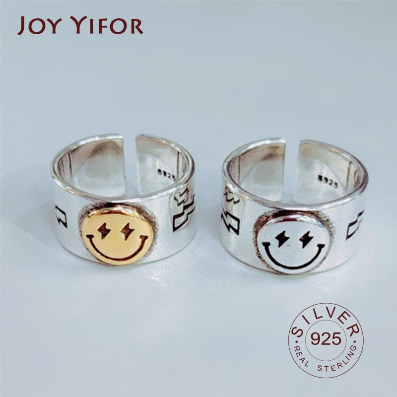 Hot Sale Happy Smiley Face Lightning Stamp Tibetan Ring Big Large Retro Vintage Golden Gothic Women Jewelry Rings