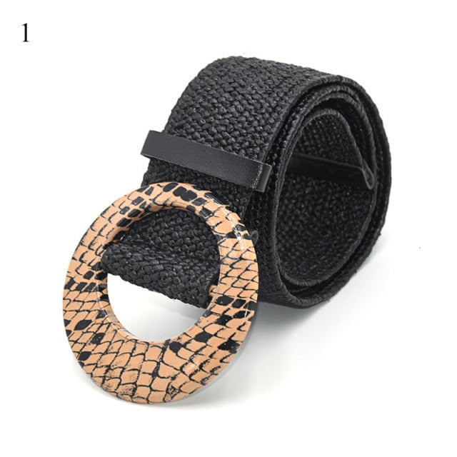 Vintage Bohemian Wide Belt Summer Wooden Buckle Wild Braided Belt Female Leopard Buckle Linen Weave Women Fake Straw Waist Belt