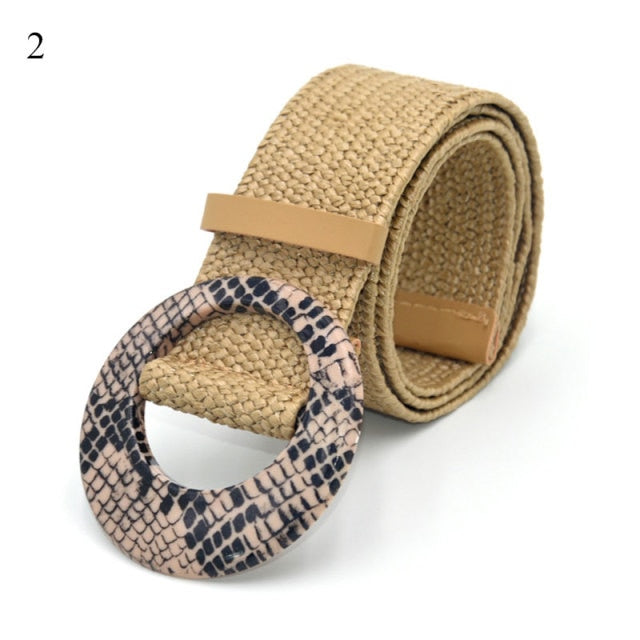Vintage Bohemian Wide Belt Summer Wooden Buckle Wild Braided Belt Female Leopard Buckle Linen Weave Women Fake Straw Waist Belt