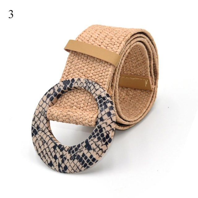 Vintage Bohemian Wide Belt Summer Wooden Buckle Wild Braided Belt Female Leopard Buckle Linen Weave Women Fake Straw Waist Belt