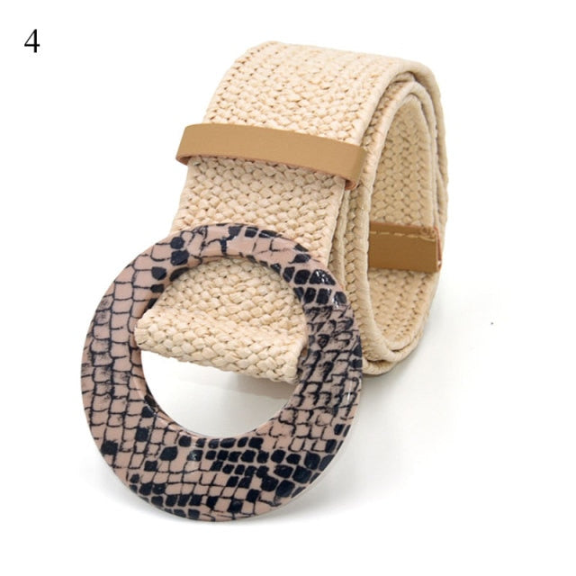 Vintage Bohemian Wide Belt Summer Wooden Buckle Wild Braided Belt Female Leopard Buckle Linen Weave Women Fake Straw Waist Belt