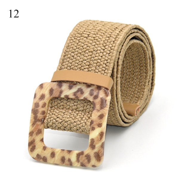 Vintage Bohemian Wide Belt Summer Wooden Buckle Wild Braided Belt Female Leopard Buckle Linen Weave Women Fake Straw Waist Belt