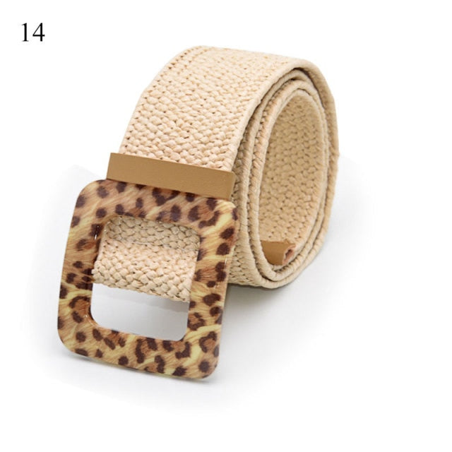 Vintage Bohemian Wide Belt Summer Wooden Buckle Wild Braided Belt Female Leopard Buckle Linen Weave Women Fake Straw Waist Belt
