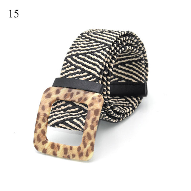 Vintage Bohemian Wide Belt Summer Wooden Buckle Wild Braided Belt Female Leopard Buckle Linen Weave Women Fake Straw Waist Belt