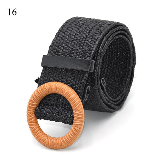 Vintage Bohemian Wide Belt Summer Wooden Buckle Wild Braided Belt Female Leopard Buckle Linen Weave Women Fake Straw Waist Belt