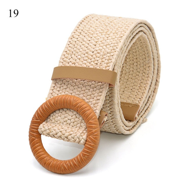 Vintage Bohemian Wide Belt Summer Wooden Buckle Wild Braided Belt Female Leopard Buckle Linen Weave Women Fake Straw Waist Belt