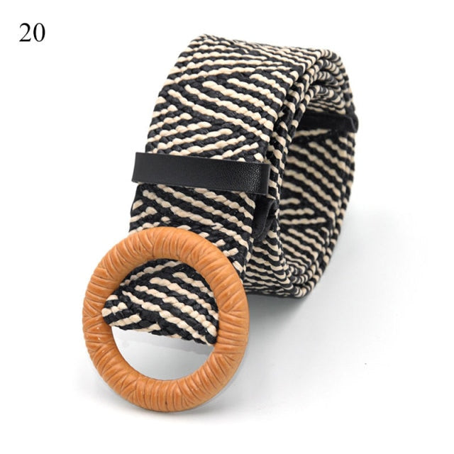 Vintage Bohemian Wide Belt Summer Wooden Buckle Wild Braided Belt Female Leopard Buckle Linen Weave Women Fake Straw Waist Belt