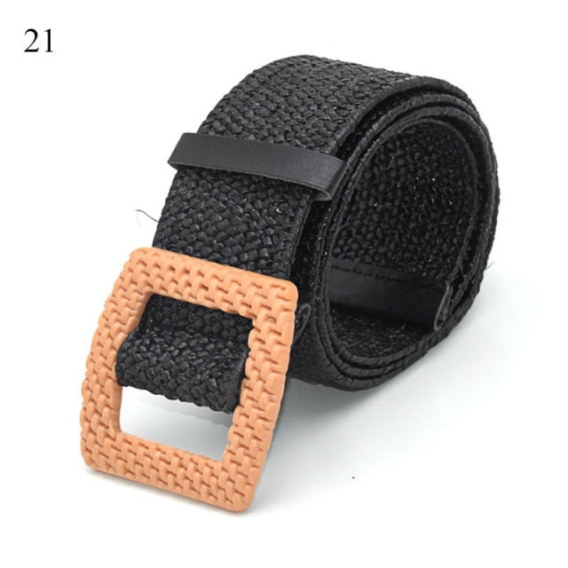 Vintage Bohemian Wide Belt Summer Wooden Buckle Wild Braided Belt Female Leopard Buckle Linen Weave Women Fake Straw Waist Belt
