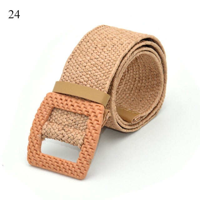 Vintage Bohemian Wide Belt Summer Wooden Buckle Wild Braided Belt Female Leopard Buckle Linen Weave Women Fake Straw Waist Belt