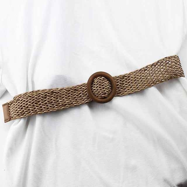 Vintage Bohemian Wide Belt Summer Wooden Buckle Wild Braided Belt Female Leopard Buckle Linen Weave Women Fake Straw Waist Belt