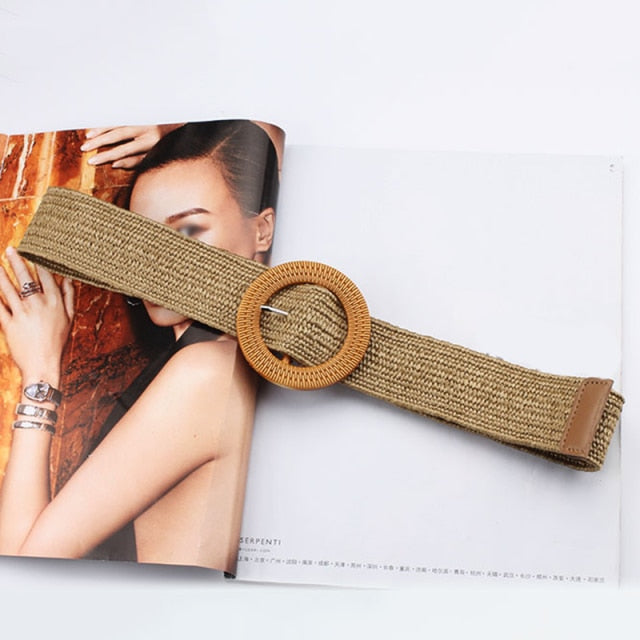 Vintage Bohemian Wide Belt Summer Wooden Buckle Wild Braided Belt Female Leopard Buckle Linen Weave Women Fake Straw Waist Belt
