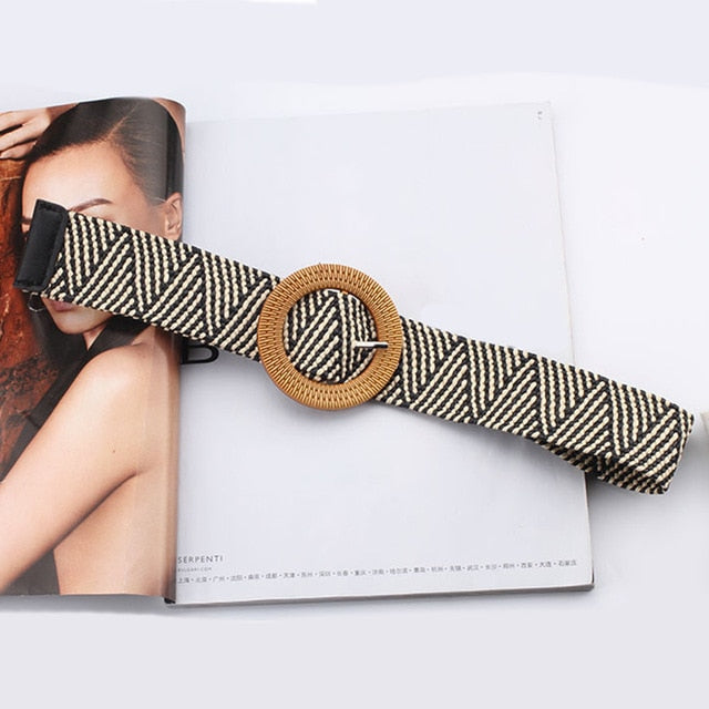 Vintage Bohemian Wide Belt Summer Wooden Buckle Wild Braided Belt Female Leopard Buckle Linen Weave Women Fake Straw Waist Belt