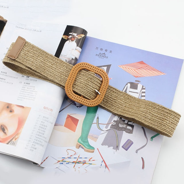 Vintage Bohemian Wide Belt Summer Wooden Buckle Wild Braided Belt Female Leopard Buckle Linen Weave Women Fake Straw Waist Belt